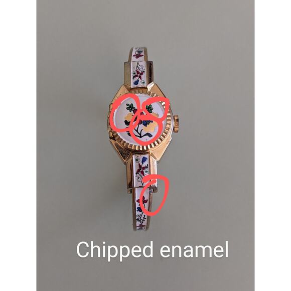 FLAW BROKEN Vintage Lugano Gold Tone Bangle Peekaboo Watch Flower Enamel main image 9